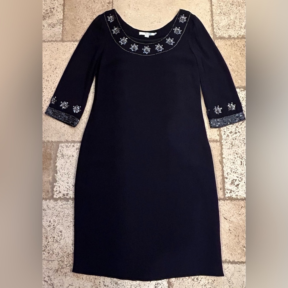 Boden Black Beaded 3/4 Sleeve Knee Length Elegant Shift Dress Women's size 6